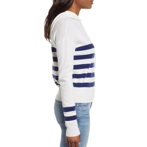 Vineyard Vines Cream & Blue Striped Cashmere & Wool Pullover Hoodie Sweater - M - Picture 4 of 15